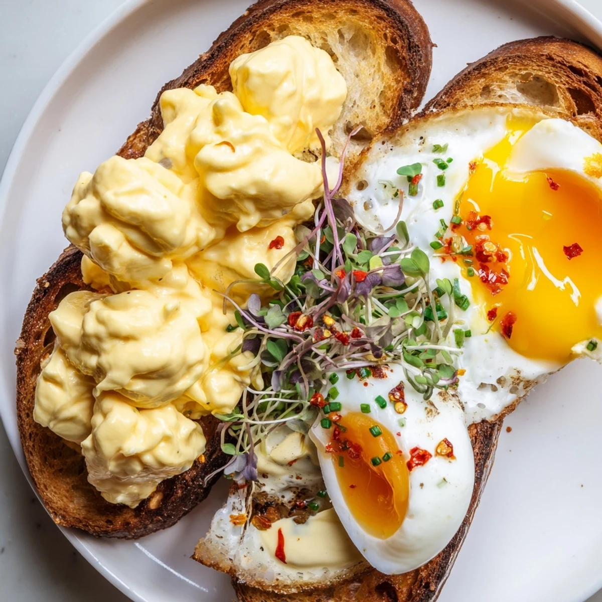 Golden, toasted bread holds a vibrant trio: creamy scrambled, soft-boiled, and fried eggs for Egg Flight Toast.