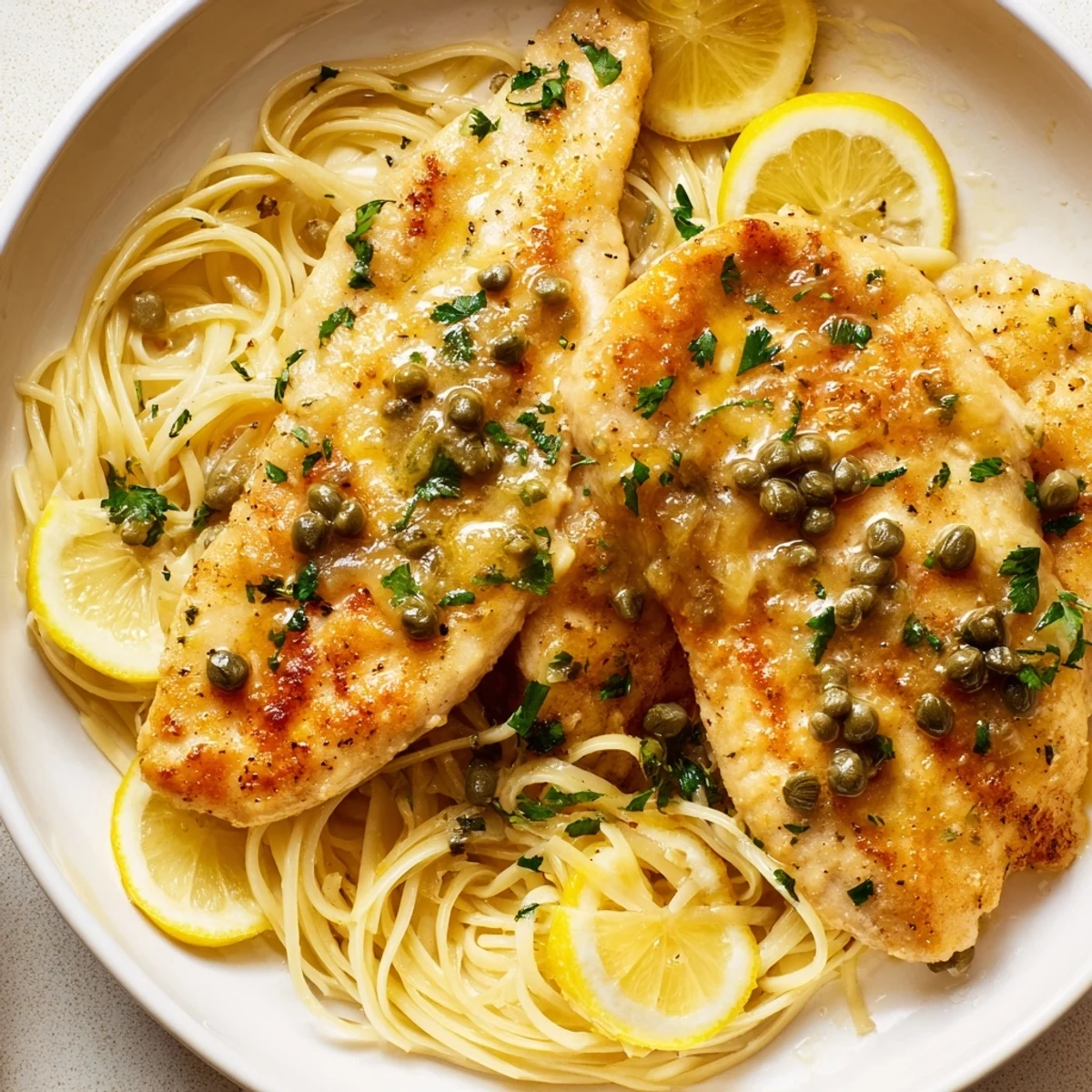 Quick Chicken Piccata Pasta with golden chicken cutlets and a bright, tangy lemon sauce.