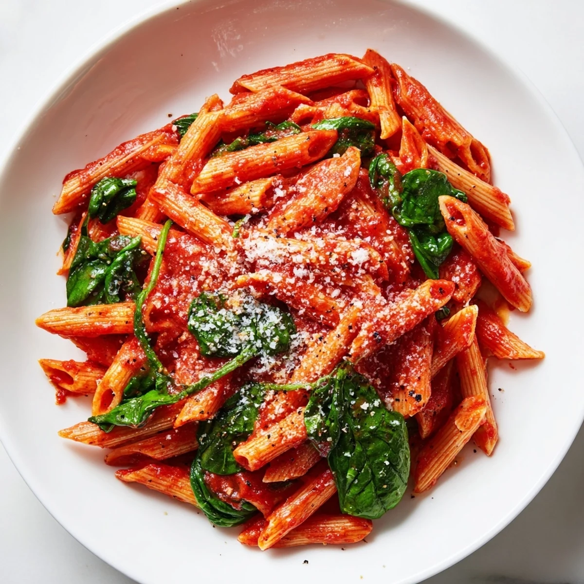 Quick Marinara Pasta with Spinach served hot with Parmesan cheese and fresh basil, a vibrant Italian-American dinner.