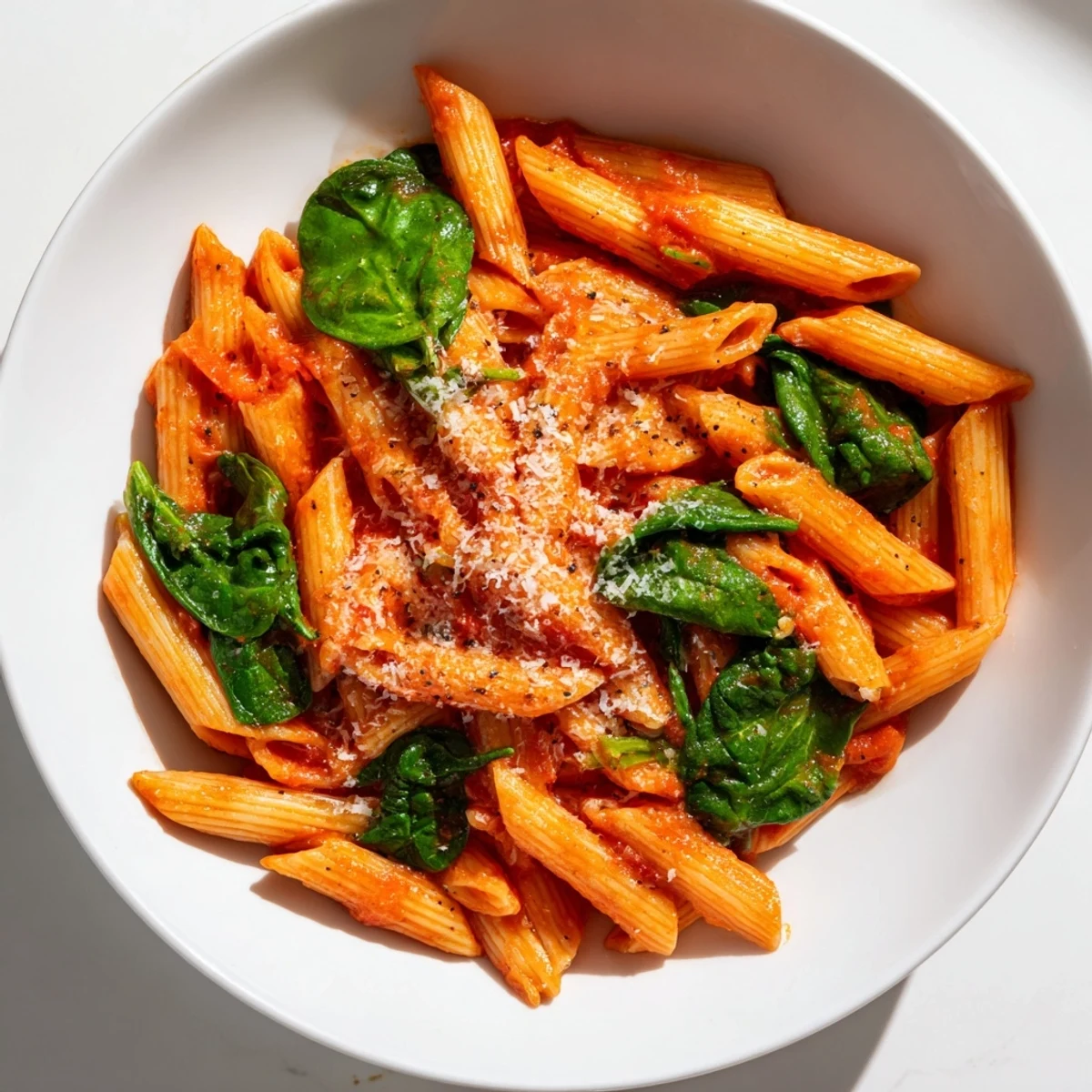 A flavorful bowl of Quick Marinara Pasta with Spinach showcases the bright red sauce and wilted green spinach.