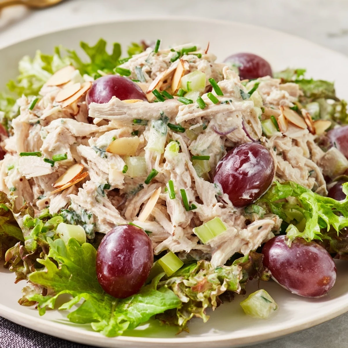 Creamy Crispy Chicken Salad with juicy grapes and crunchy celery, perfect for a refreshing lunch.
