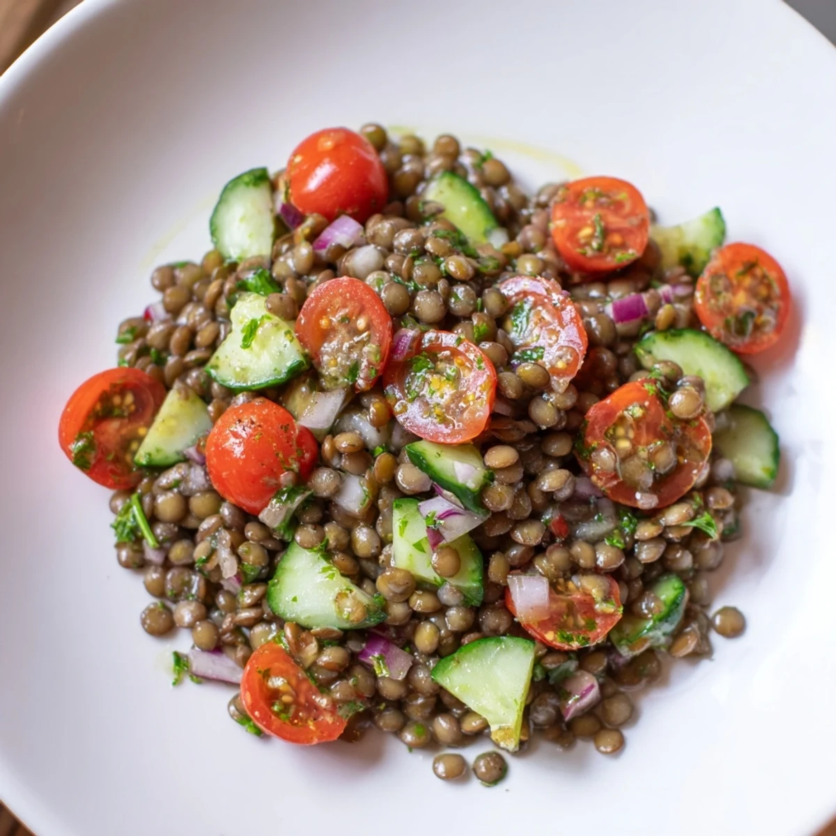 Enjoy a refreshing Lentil Salad with tender lentils, bursting with fresh flavors and a mustard dressing.