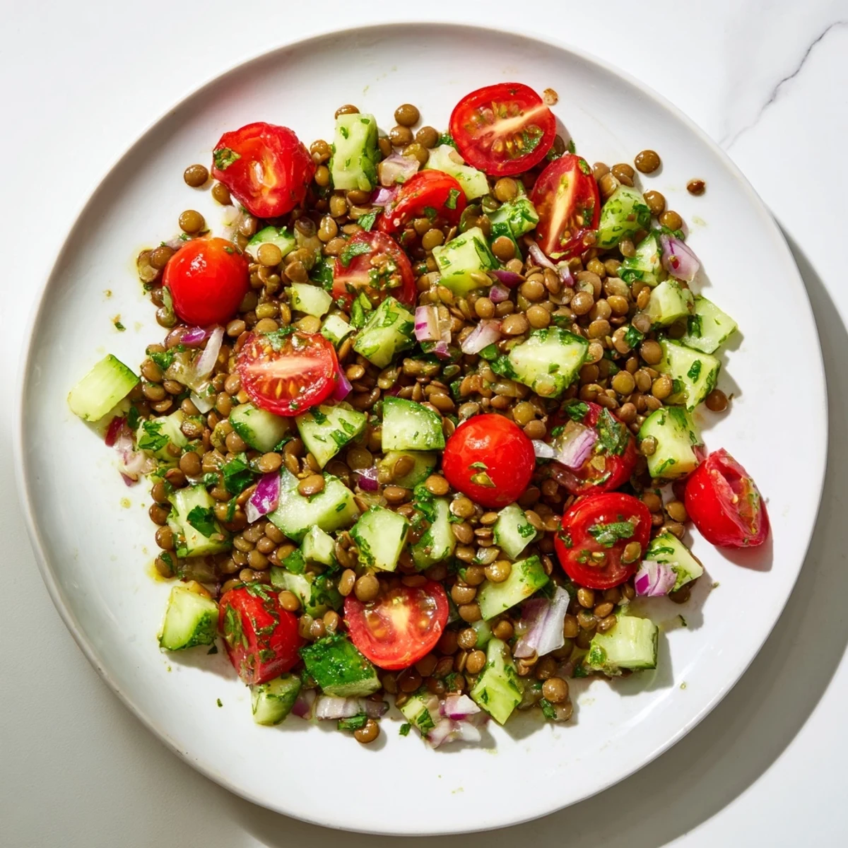 A colorful lentil salad showcases juicy tomatoes and crisp cucumber, tossed in tangy vinaigrette.