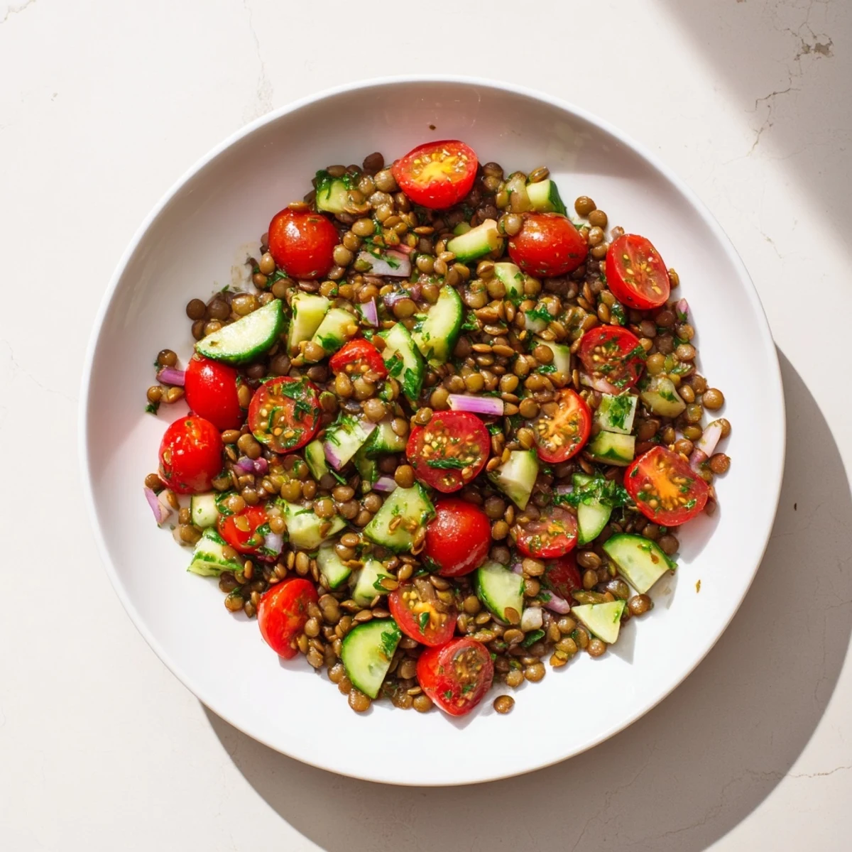 This image highlights a hearty Lentil Salad—a delicious, vibrant meal ready to serve and enjoy.
