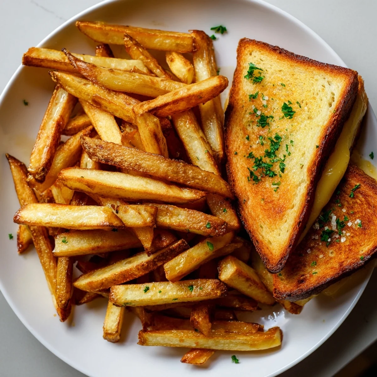 A close-up of a stacked Beef Tallow French Fries Grilled Cheese, showing the melted cheddar and crunchy fries.