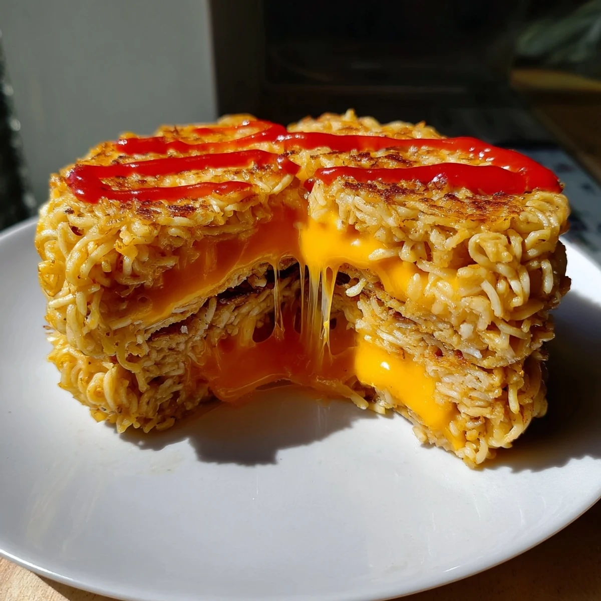 Crispy, golden Instant Ramen Grilled Cheese oozes melted cheddar, ready to devour for lunch!