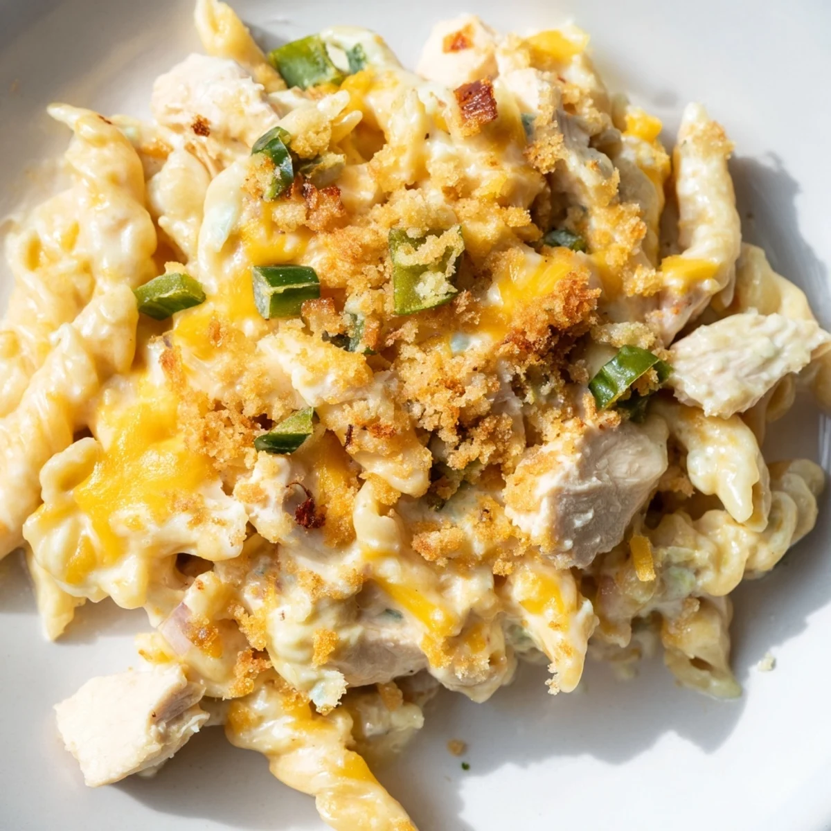 Creamy Jalapeño Popper Chicken Pasta bubbling hot, with a crispy breadcrumb topping and melty cheese.