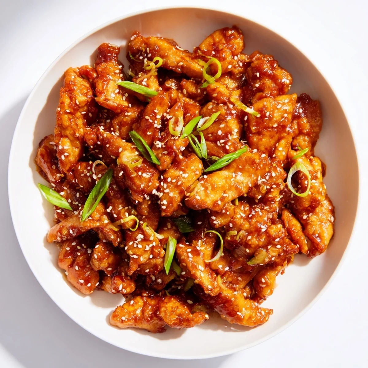 Golden pieces of Sweet and Spicy Sriracha Honey Chicken, served with a garnish of green onions and sesame seeds.