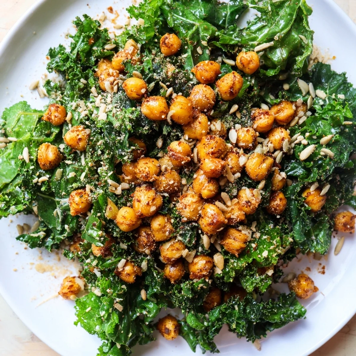 Warm Kale Salad with Crispy Chickpeas, a satisfying vegan lunch with golden, crunchy chickpeas.