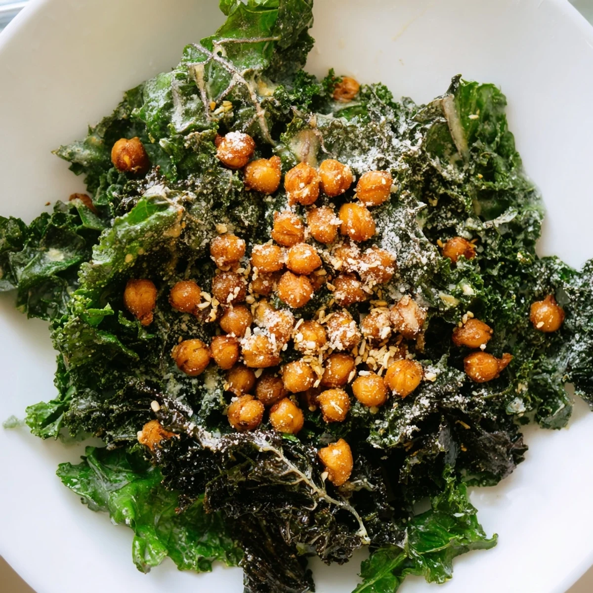 This Warm Kale Salad with Crispy Chickpeas features vibrant green kale and delicious, seasoned chickpeas.