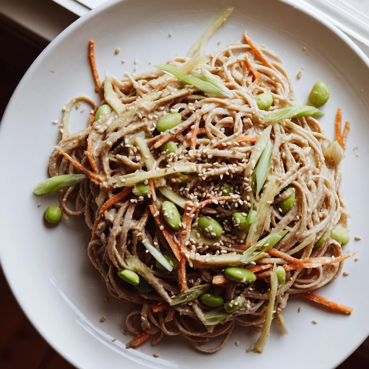 Close-up of a refreshing Asian Sesame Noodle Salad with sesame seeds and fresh herbs, ready to serve.