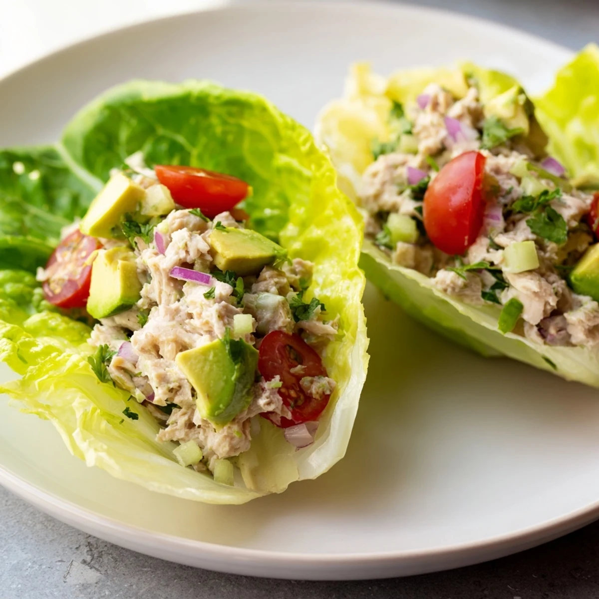 Vibrant tuna salad lettuce wraps, creamy and delicious filling nestled in fresh butter lettuce.