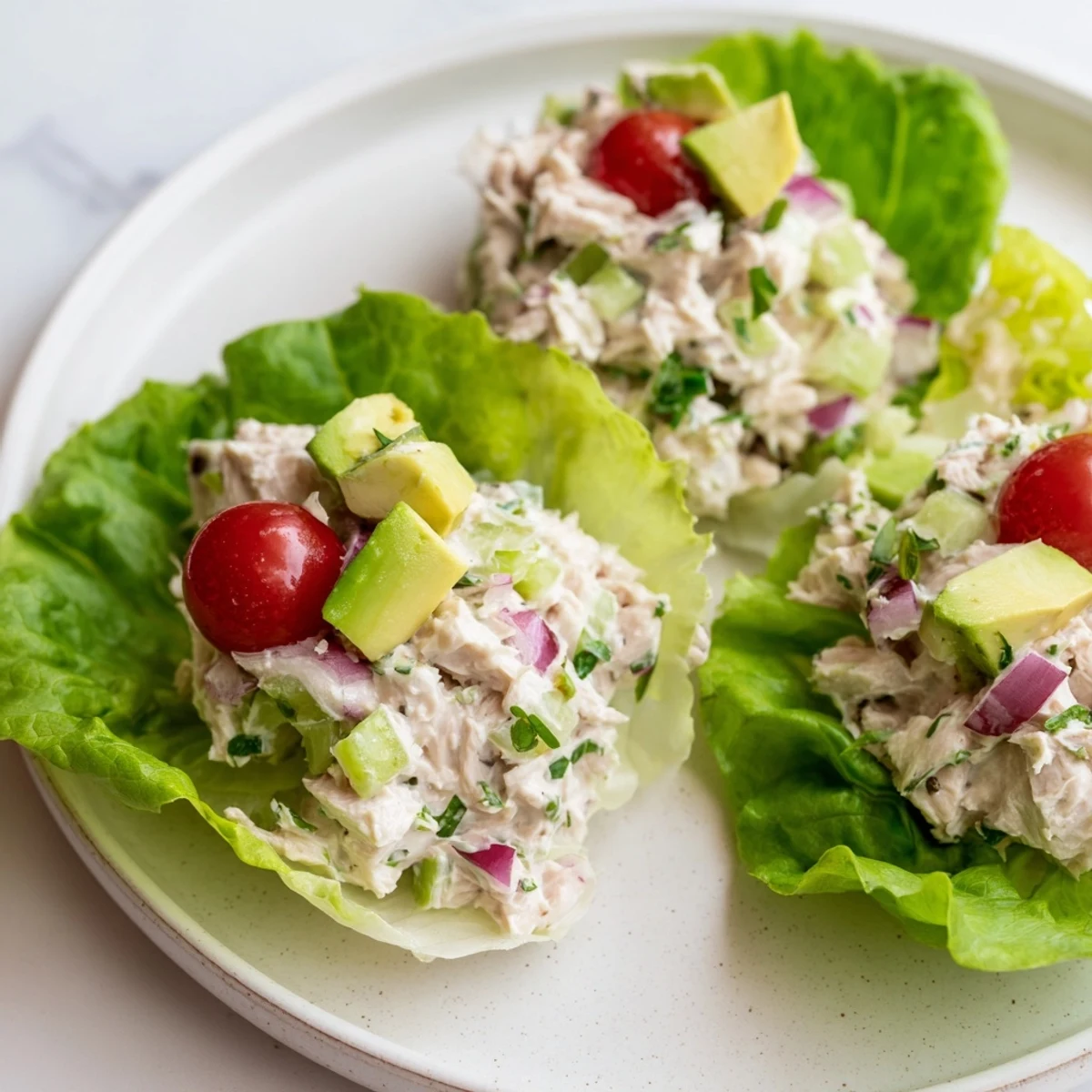 A close-up of healthy tuna salad lettuce wraps, colorful and ready for a refreshing lunch.