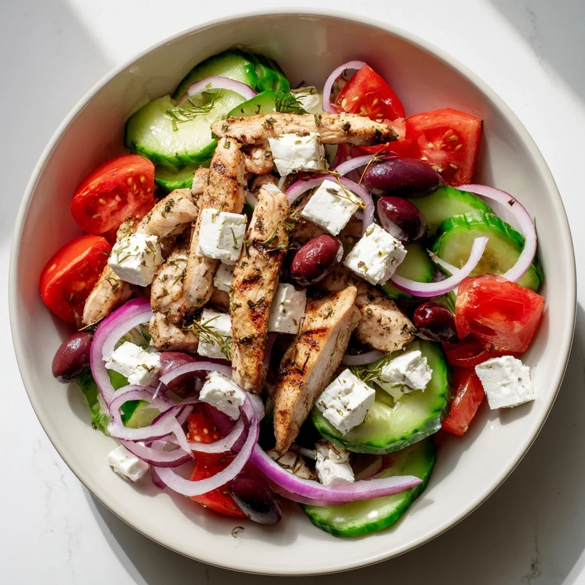 Delectable Greek salad with grilled chicken, drizzled with zesty dressing, perfect for lunch.