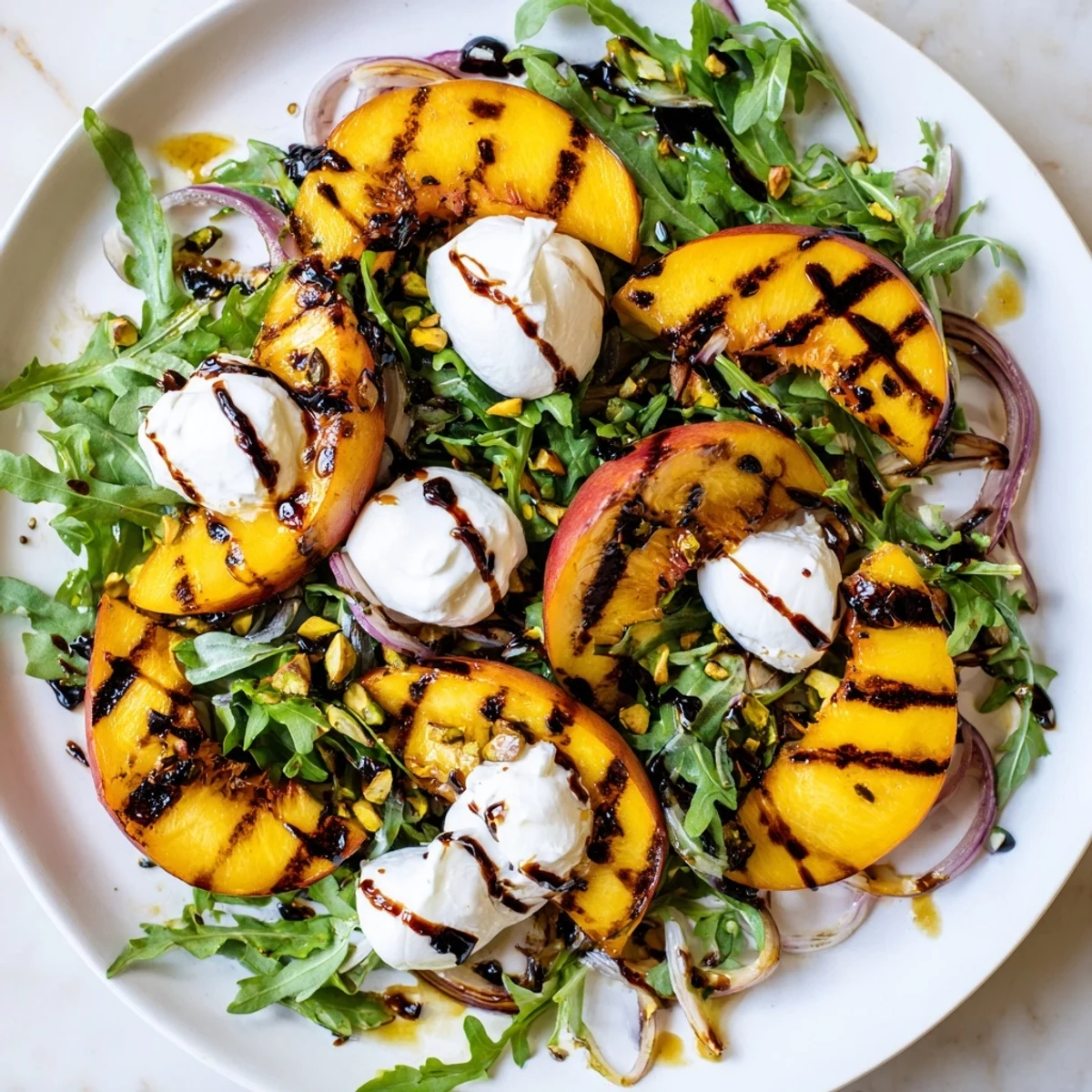 Grilled Peach Salad with charred peaches, creamy burrata, and a balsamic drizzle ready to serve.