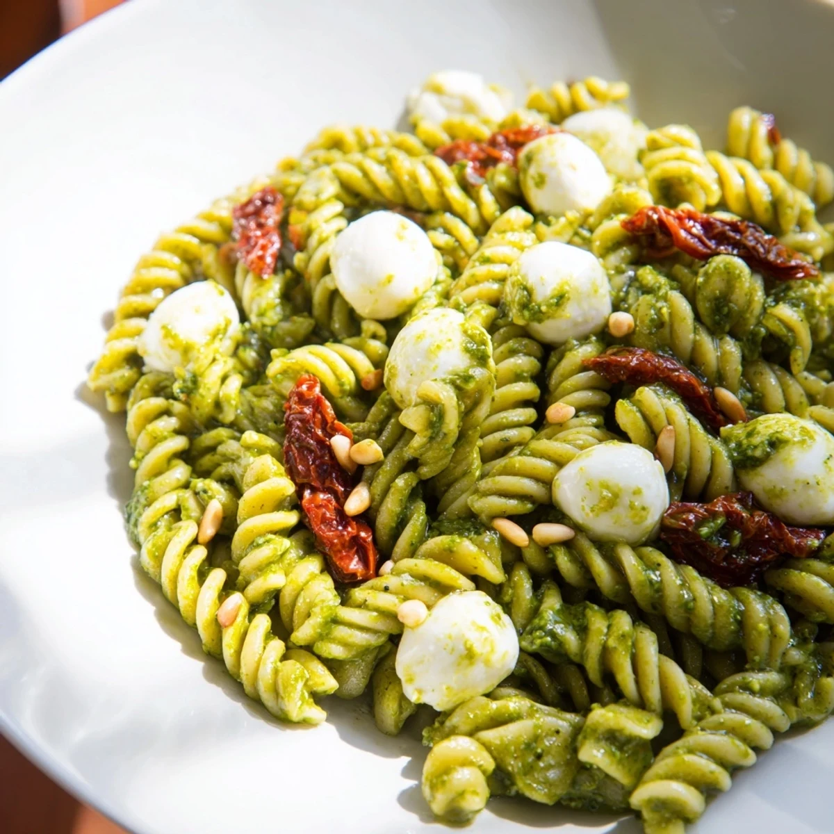 Creamy pesto pasta salad with mozzarella, sun-dried tomatoes, and toasted pine nuts, a delightful picnic dish.
