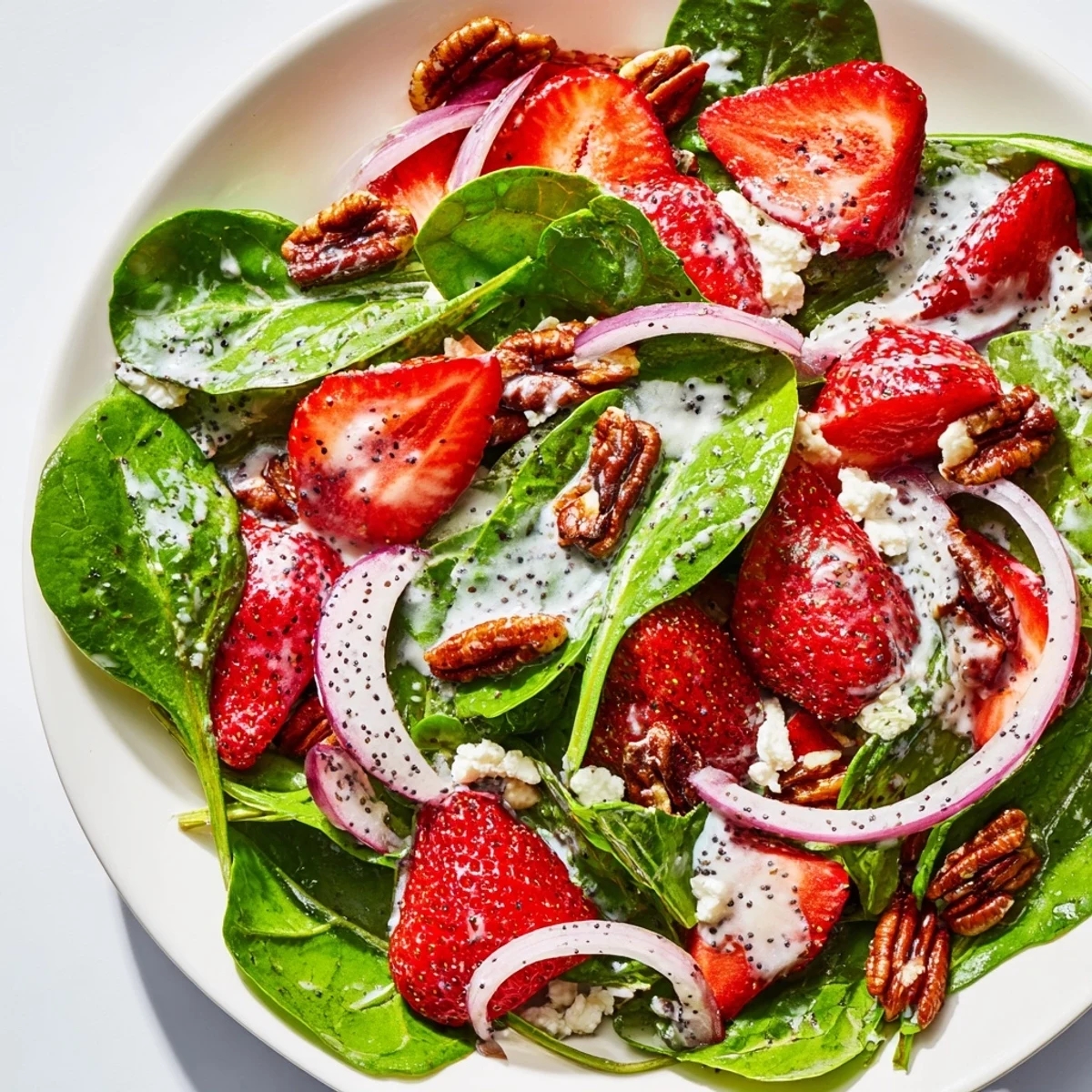 Vibrant close-up of a finished Strawberry Spinach Salad, showing fresh strawberries and crunchy pecans.