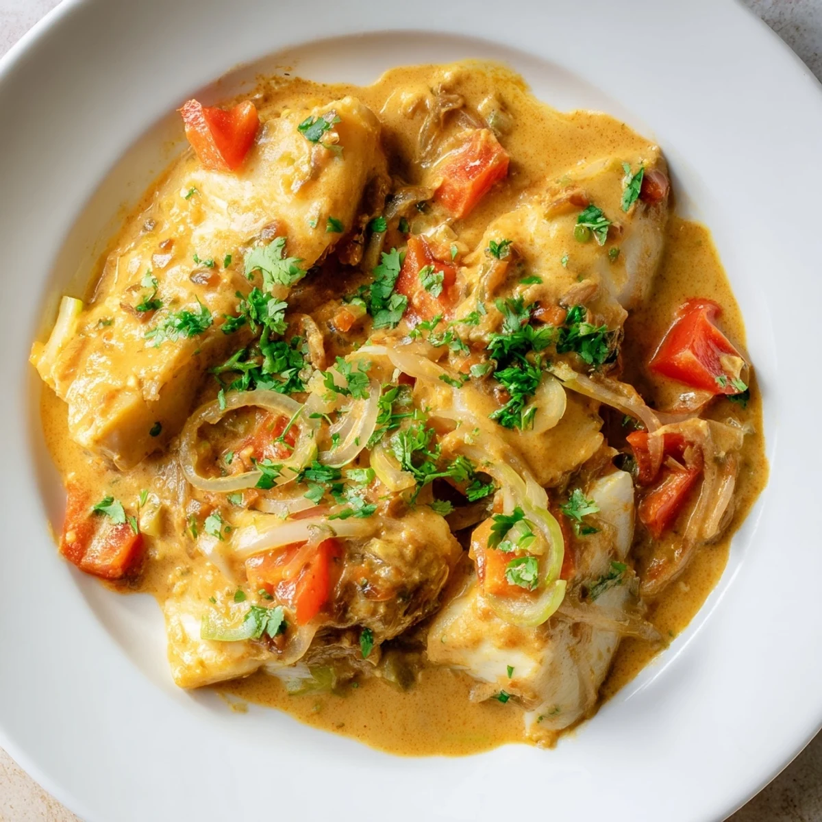 Vibrant Bahraini Fish Curry with tender fish chunks in a creamy coconut curry, garnished with cilantro.