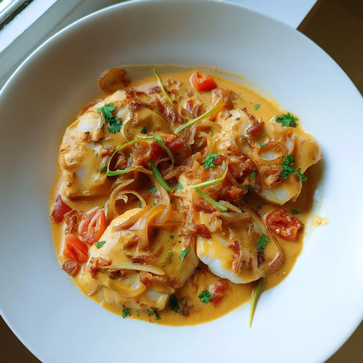 Steaming Bahraini Fish Curry, a colorful dish of spiced fish and rich coconut milk, ready to serve with rice.