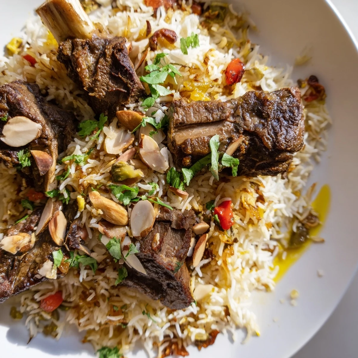Aromatic Qatari Majboos: Fluffy rice surrounding tender lamb, garnished with cilantro and slivered almonds.