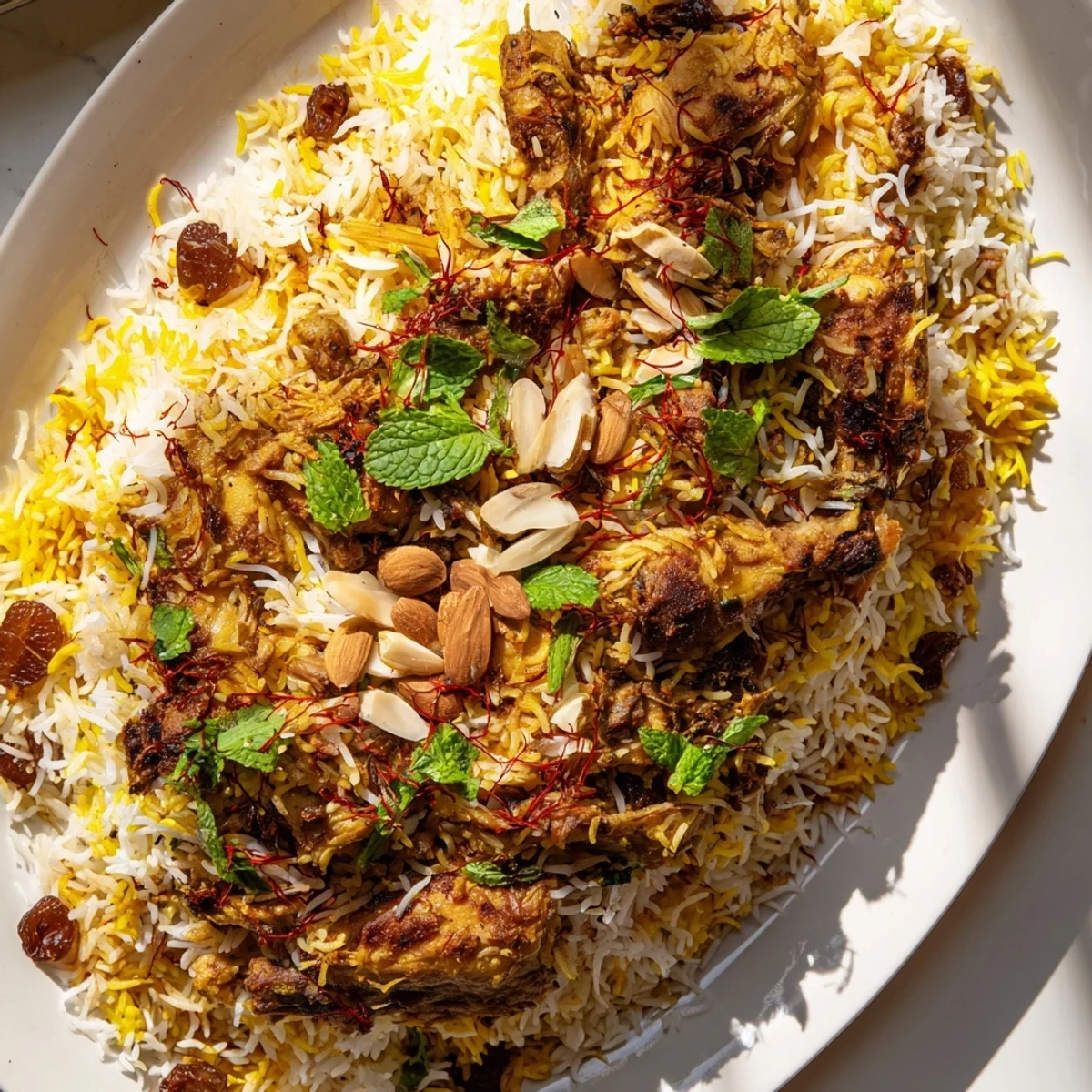 Golden, fluffy Kuwaiti Biryani rice, layered with tender meat, spices, and fragrant saffron milk.