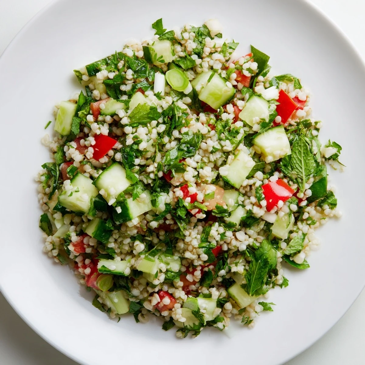 A colorful bowl of fresh Lebanese Tabbouleh Salad, ideal for a light, refreshing lunch.