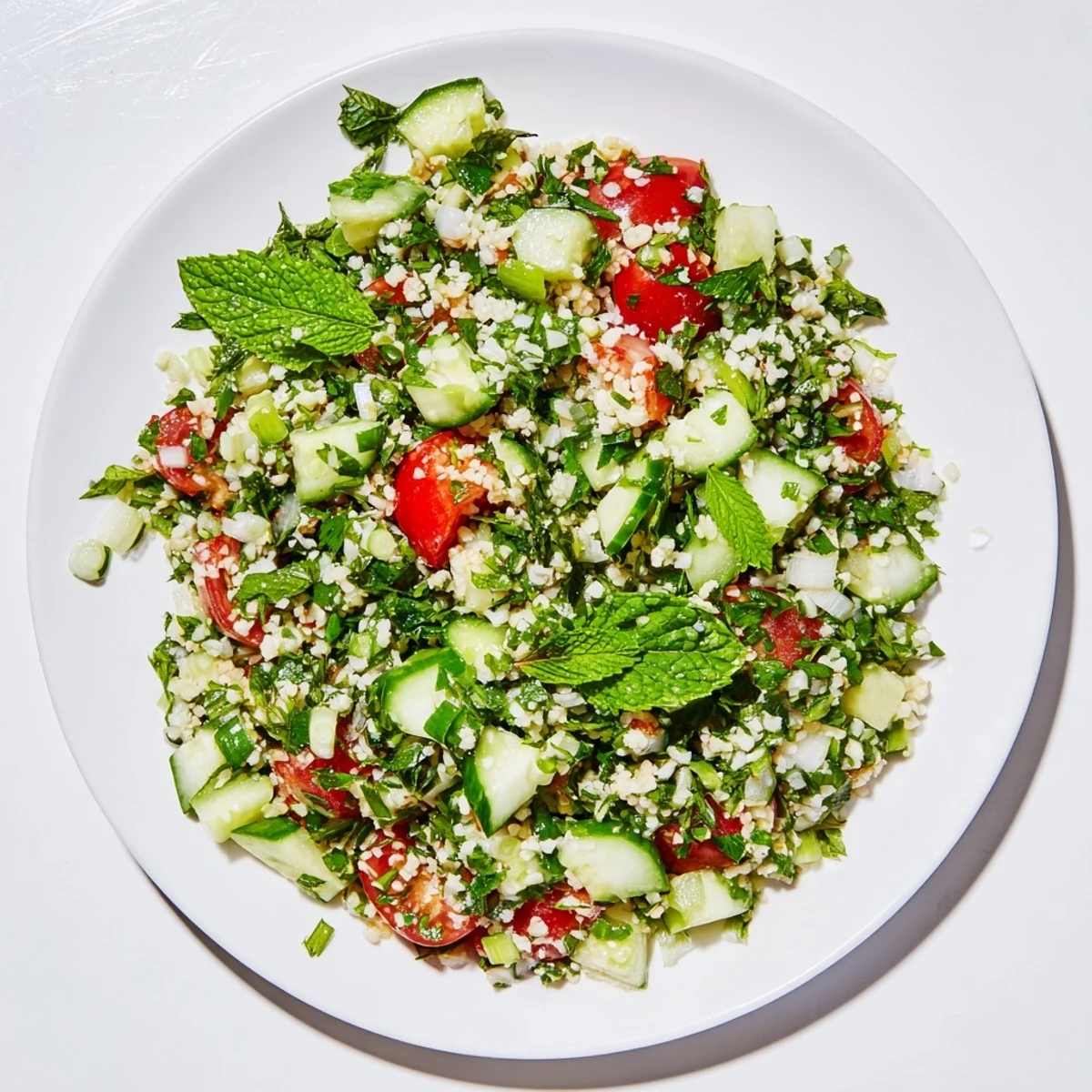 Close-up of a bright, vibrant Lebanese Tabbouleh Salad showing the fresh herb mixture.