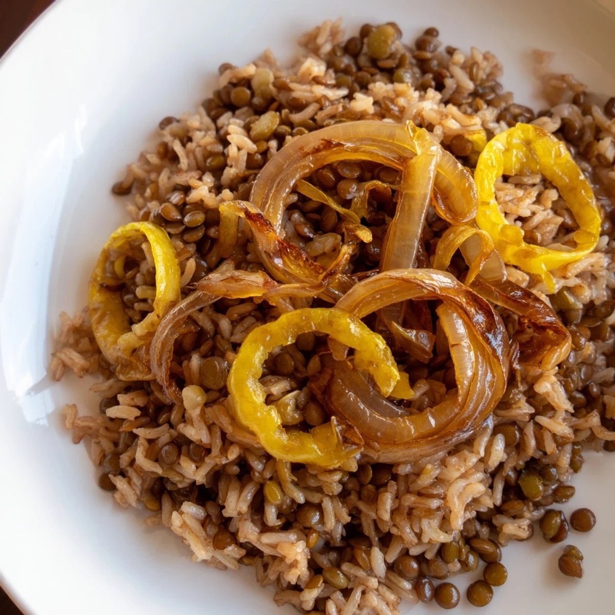 A close-up of a steaming portion of Lebanese Mjadra, seasoned lentils and rice and topped with savory onions.