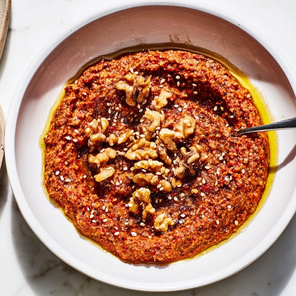 Smoky Syrian Muhammara dip, a vibrant red color, served with warm pita bread for dipping.