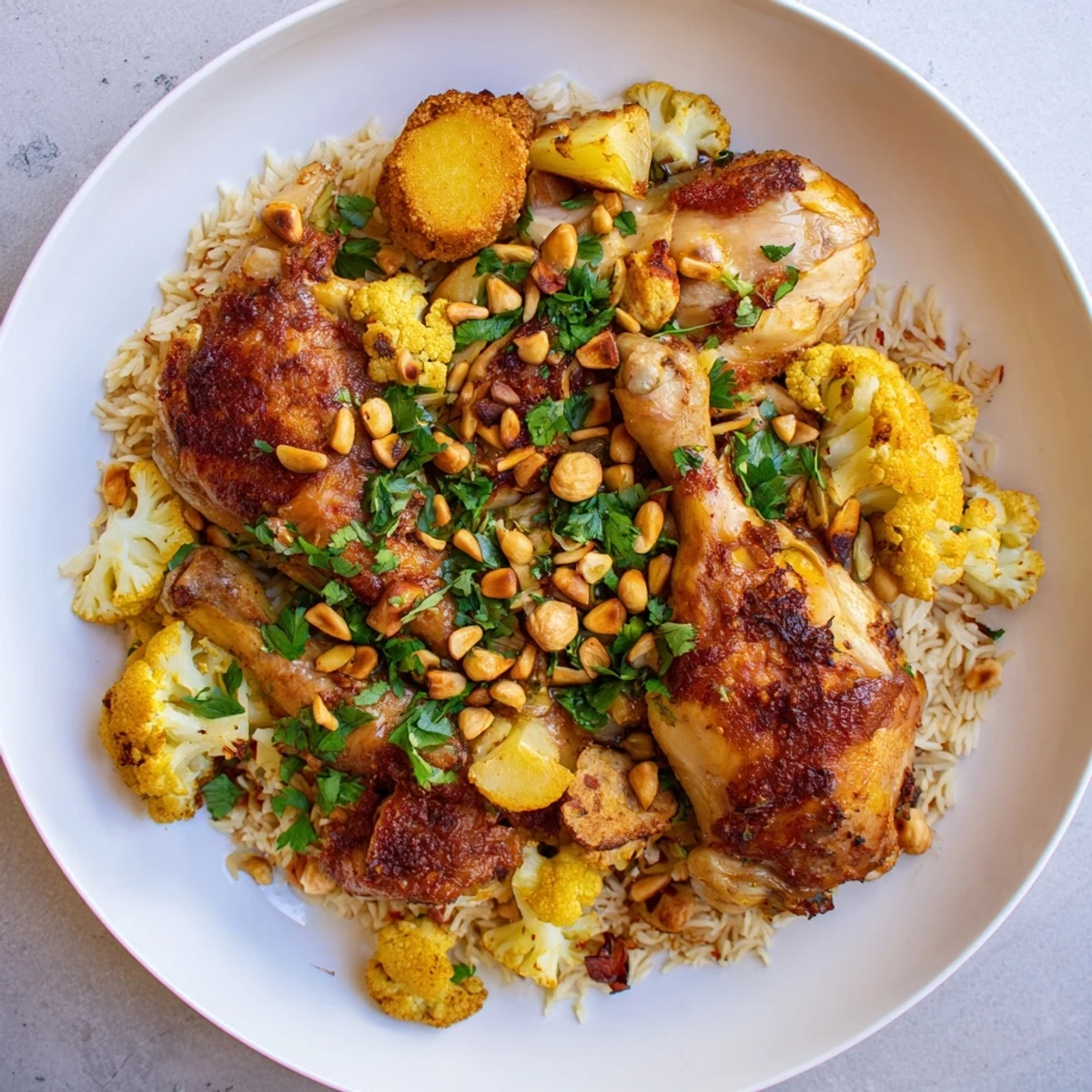 Savory Palestinian Maklouba, a flavorful rice dish inverted to reveal tender chicken and vegetables.