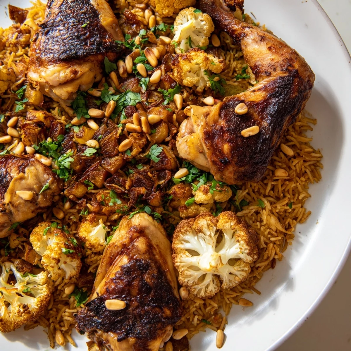 Fluffy rice layered with spiced chicken and cauliflower makes this stunning Palestinian Maklouba dinner.