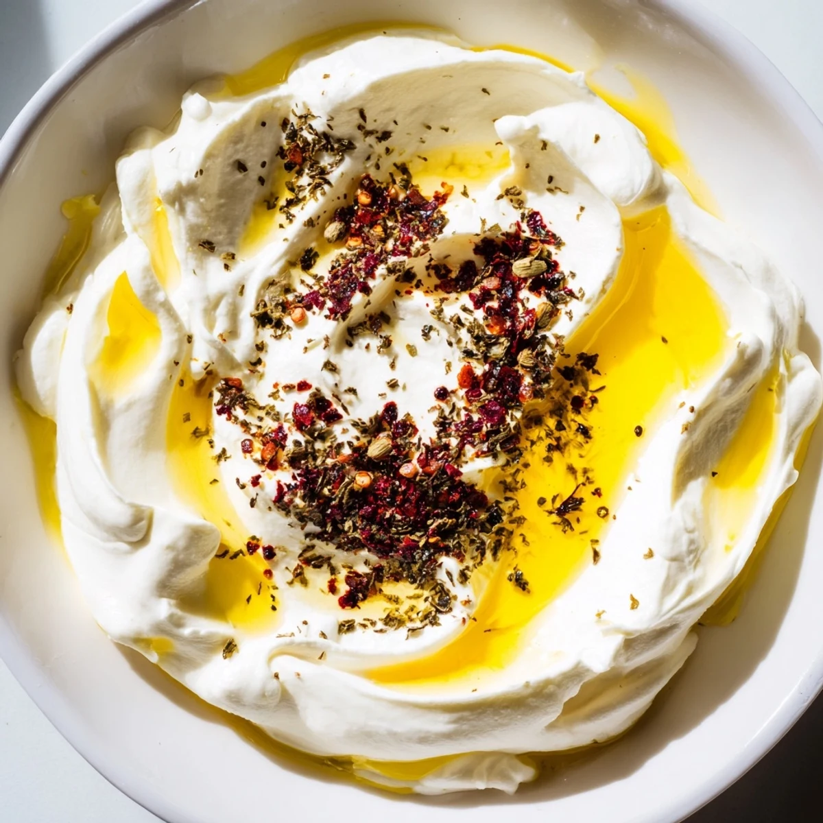 Creamy Levantine labneh cheese, drizzled with olive oil, ready to spread on warm pita bread.