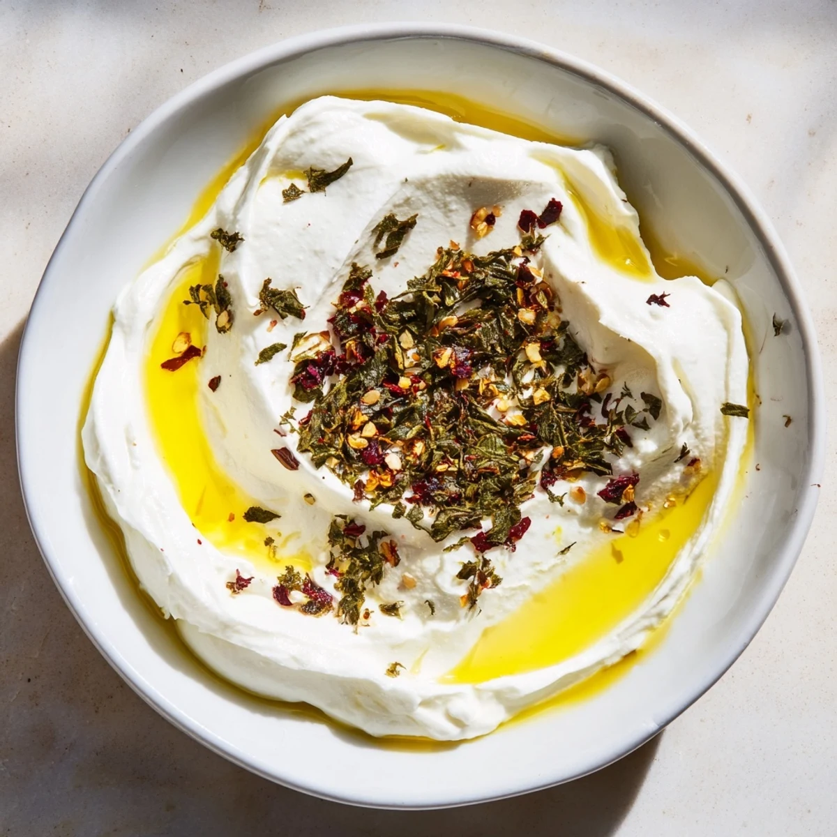 Homemade Levantine labneh cheese, thick and tangy, perfect for dipping fresh vegetables with a drizzle.