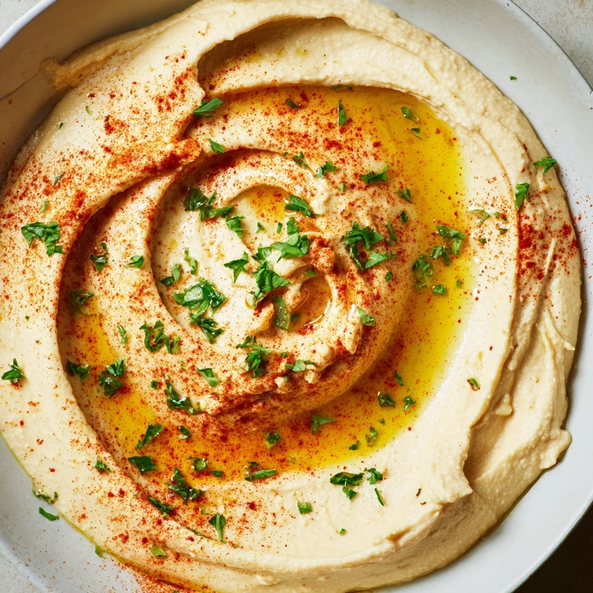 Creamy Levantine hummus plate drizzled with olive oil, ready to scoop with warm pita bread.