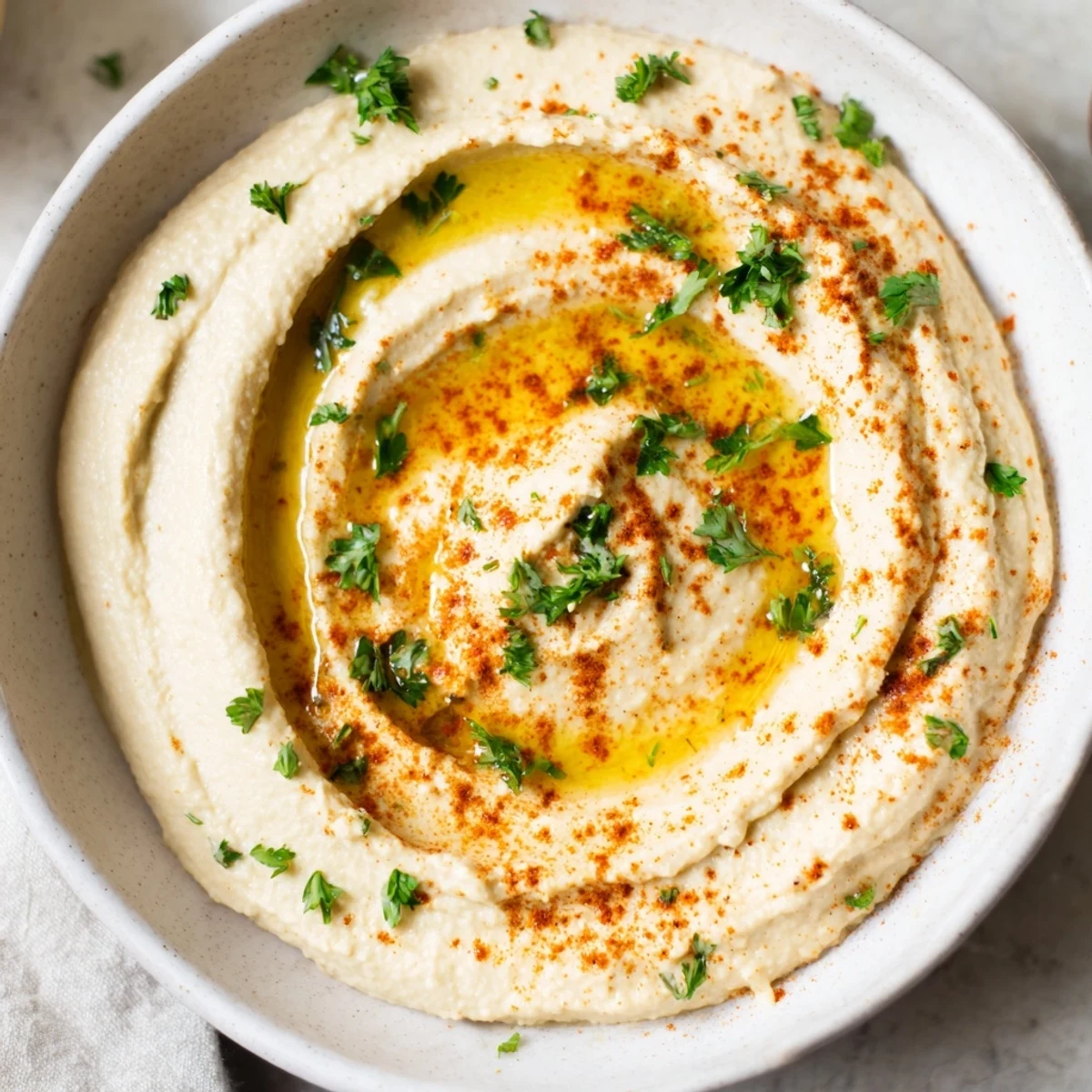 A vibrant top-down view of a Levantine hummus plate, garnished with paprika and fresh parsley.