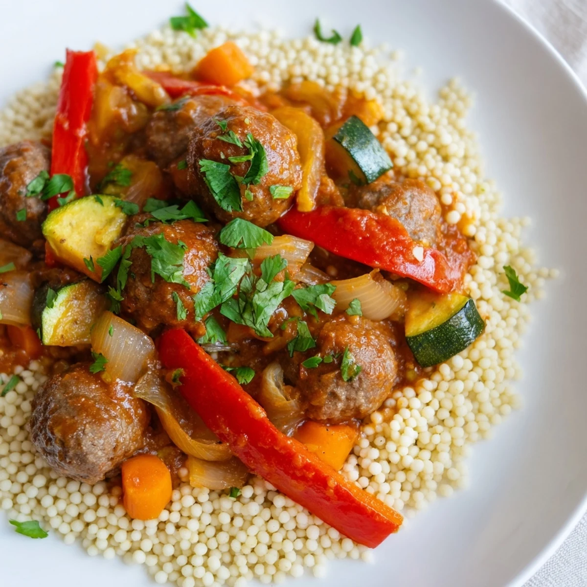 North African Couscous Kefta with juicy meatballs nestled amongst vibrant vegetables with fluffy couscous.