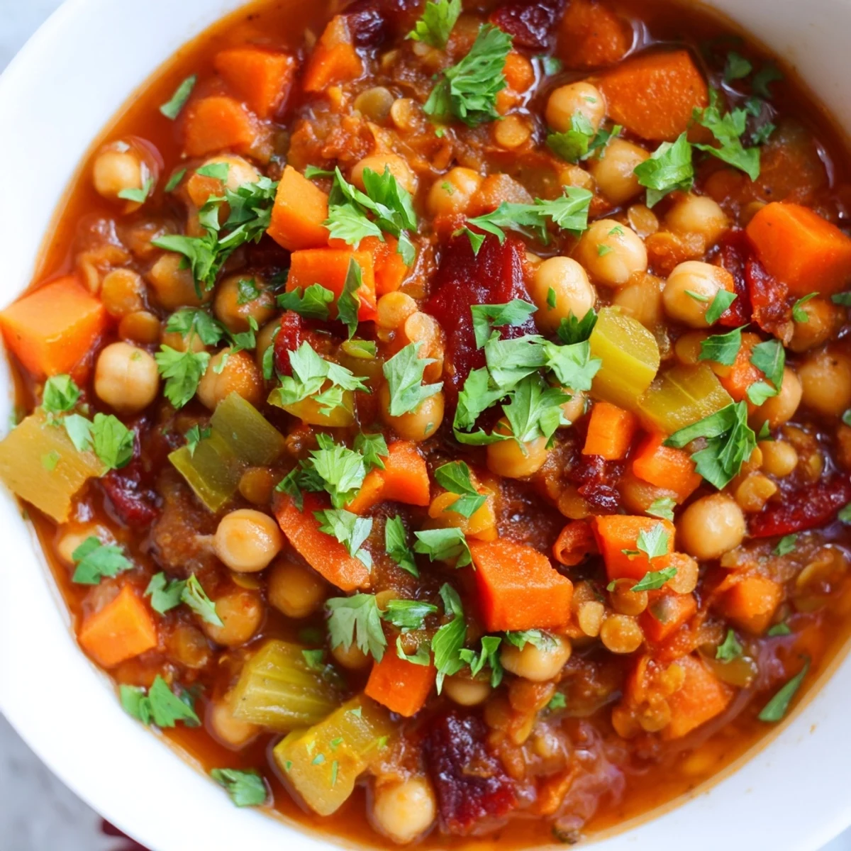Steaming bowl of flavorful North African Harira Soup, garnished with fresh herbs and lemon wedges.
