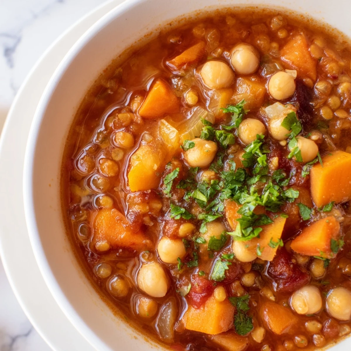 Close-up of a bubbling pot of North African Harira Soup, showcasing the lentils and chickpeas' tender, hearty texture.