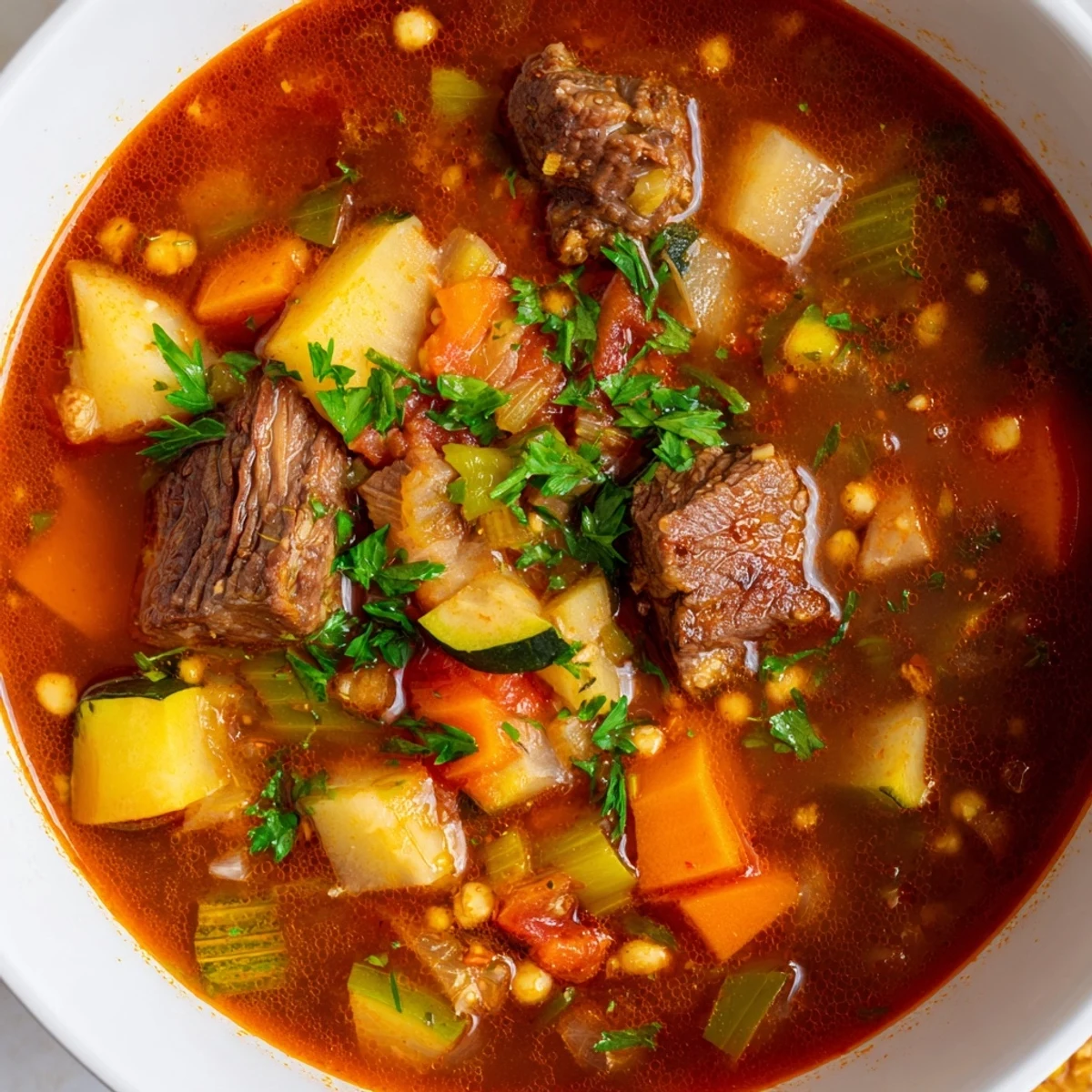 A steaming bowl of Algerian Chorba: a hearty lamb and vegetable soup with aromatic spices.