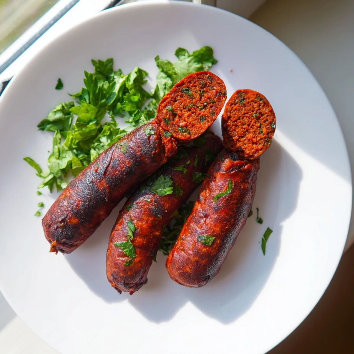 Juicy grilled Tunisian Merguez sausage with a char, served beside fresh parsley sprigs and flatbread.