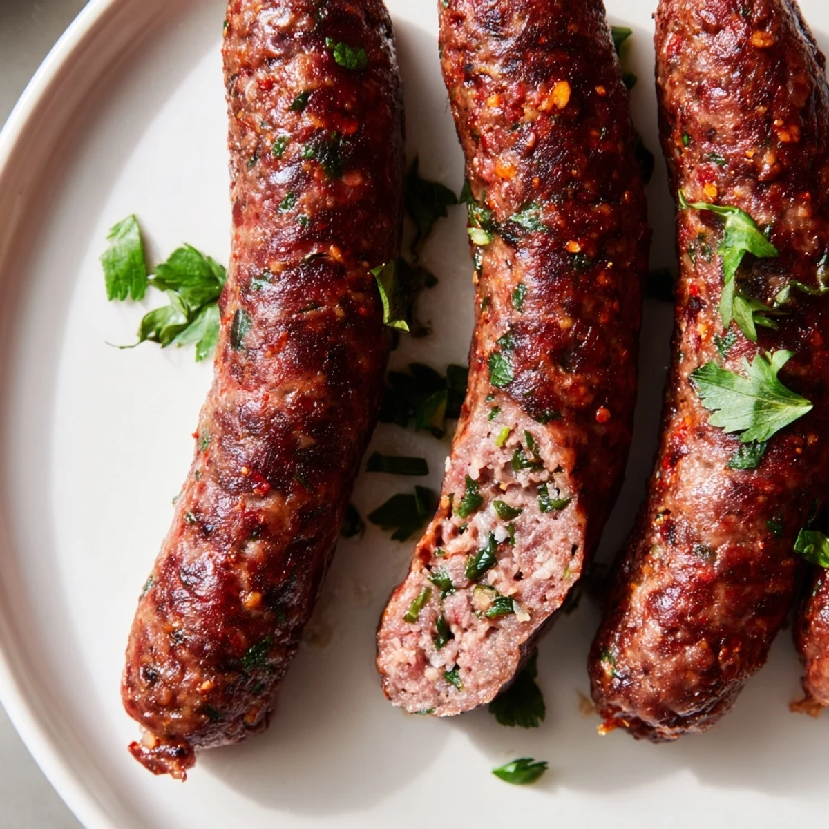Savory and spicy Tunisian Merguez sausage, served on a plate with couscous, smelling of North African spices.