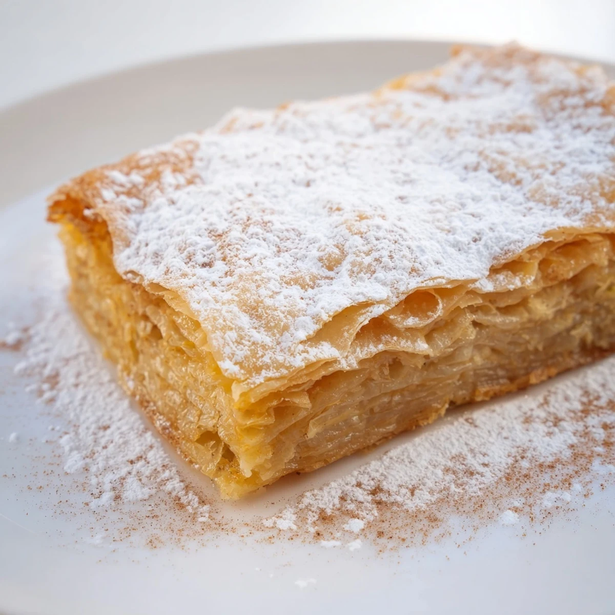 Golden and flaky Moroccan Pastilla Pie, filled with savory chicken and warm spices, ready to eat.