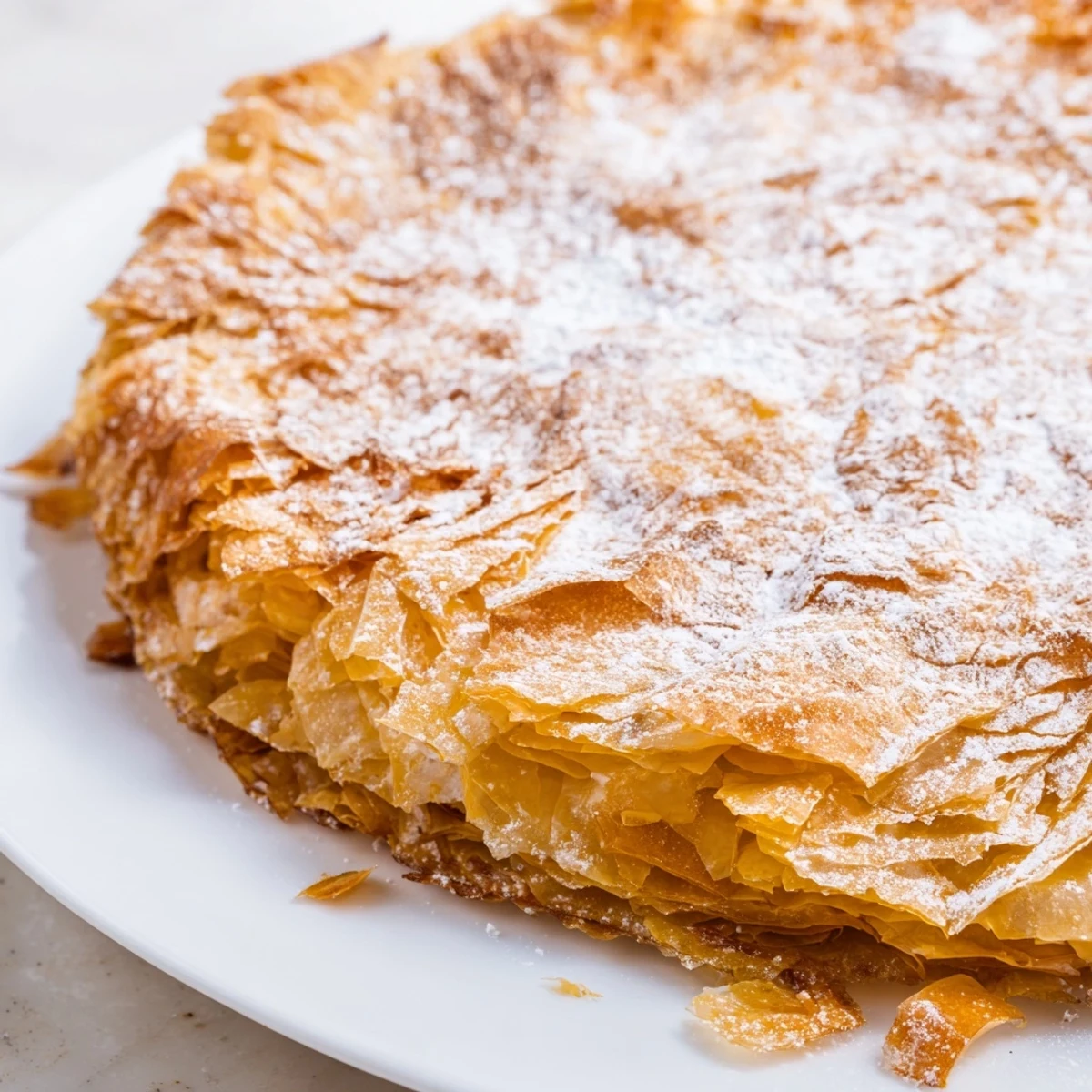 A close-up view shows the beautifully baked, sweet-savory Moroccan Pastilla Pie, dusted with cinnamon and sugar.