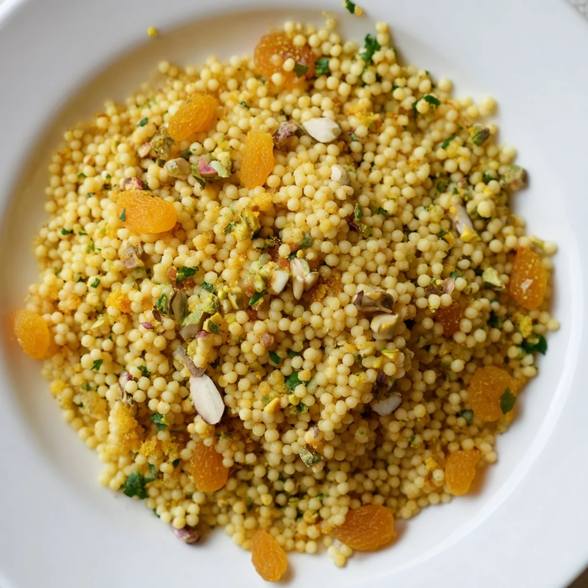 A close-up of couscous pilaf with golden raisins, diced apricots, and toasted almonds in a white bowl, garnished with fresh parsley.  