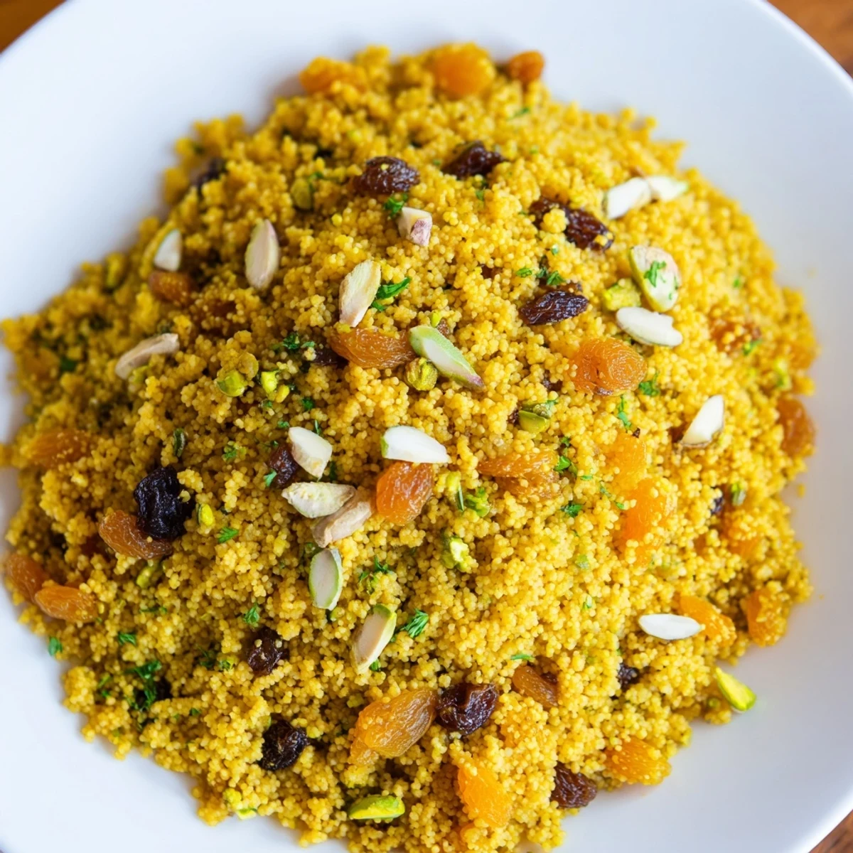 A skillet of fluffy couscous pilaf cooked in savory broth with warm spices, ready to serve as a vegetarian side dish.