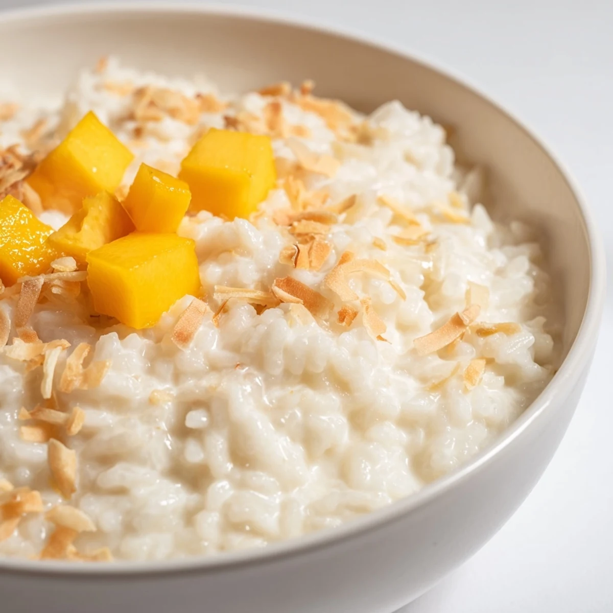 Creamy coconut rice sweet, simmered until tender and garnished with toasted flakes and fresh mango slices.