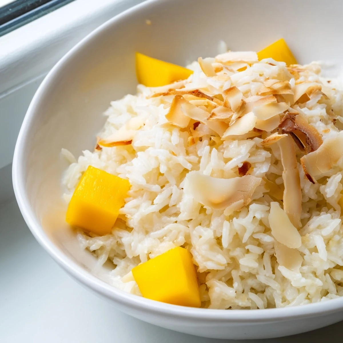Sweet coconut rice dessert with fragrant vanilla aroma, finished with crunchy toasted coconut and ripe pineapple chunks.