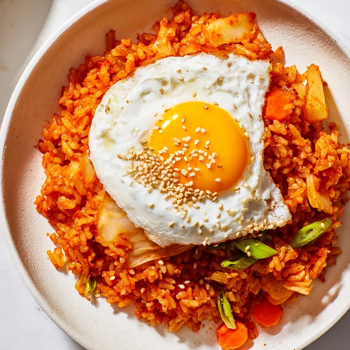 A steaming bowl of homemade Kimchi Fried Rice topped with a golden fried egg and sesame seeds, served alongside crisp lettuce wraps for a fresh, savory bite.  