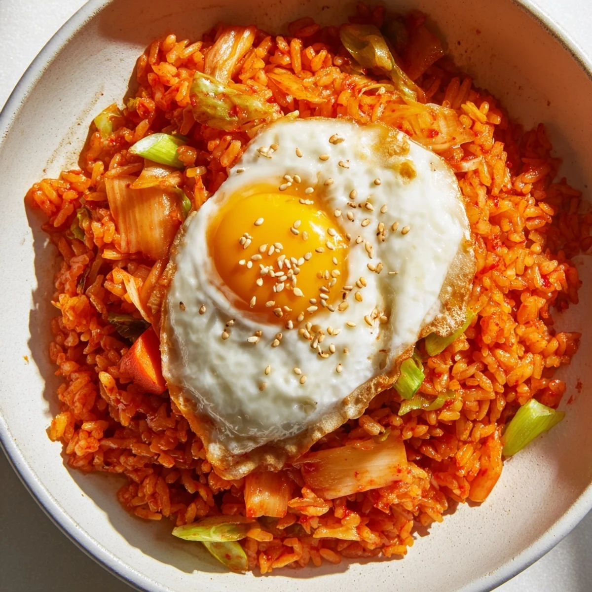 Bright red kimchi and vibrant green onions are stir-fried into fluffy rice, creating a bold, spicy, and tangy aroma in this classic Korean-inspired dish.  