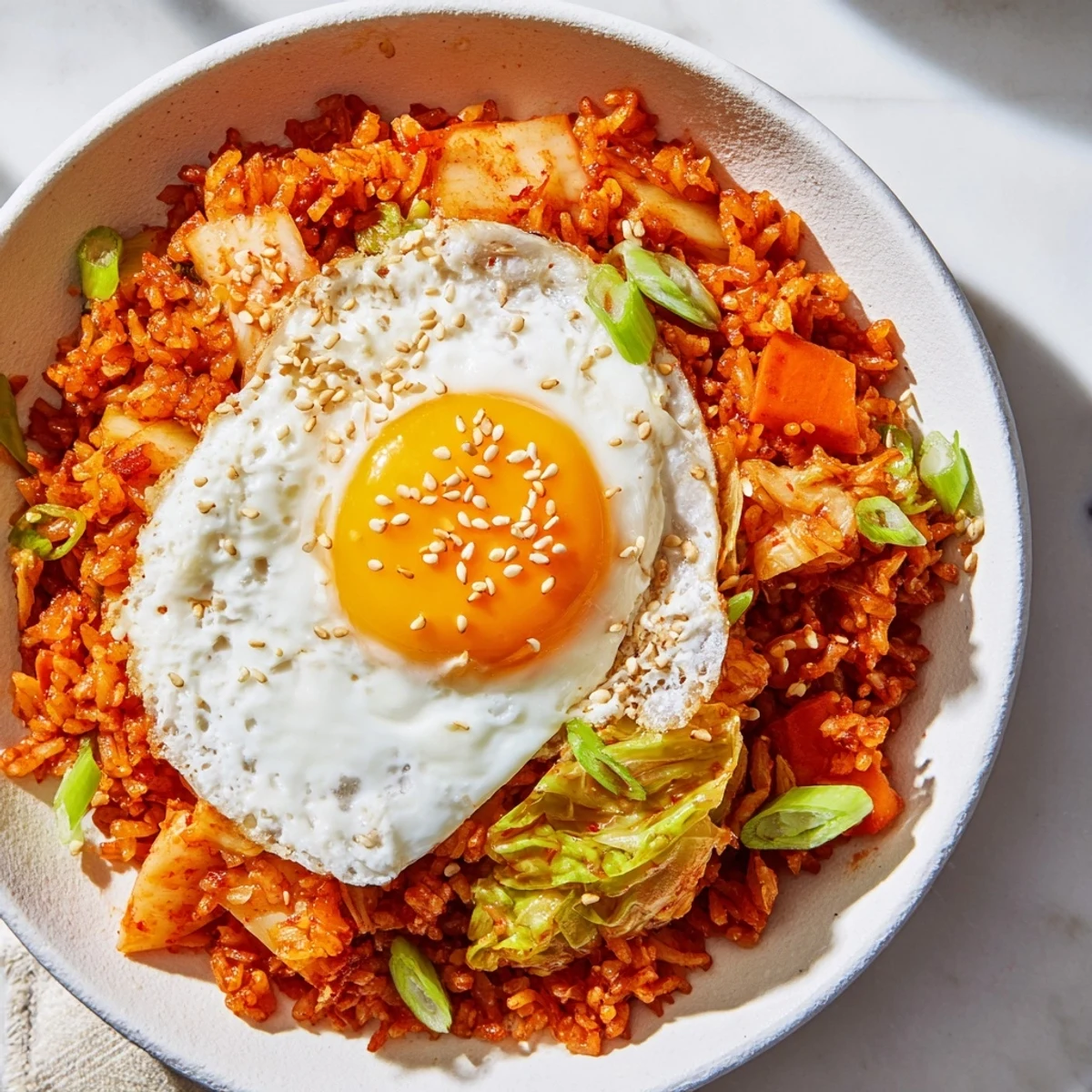 Sizzling wok action captures caramelized kimchi and tender vegetables mixed into perfectly seasoned Kimchi Fried Rice, ready to be enjoyed straight from the skillet.